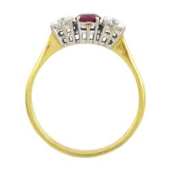 18ct gold three stone ruby and round brilliant cut diamond ring, London import mark 1973, ruby approx 0.30 carat, total diamond weight approx 0.55 carat