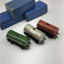 Hornby Dublo - Petrol Tank Wagon D1 'Power Ethyl'; Oil Tank Wagon D1 'Royal Daylight'; and Petrol Tank Wagon D1 'Esso'; all in medium blue boxes (3)