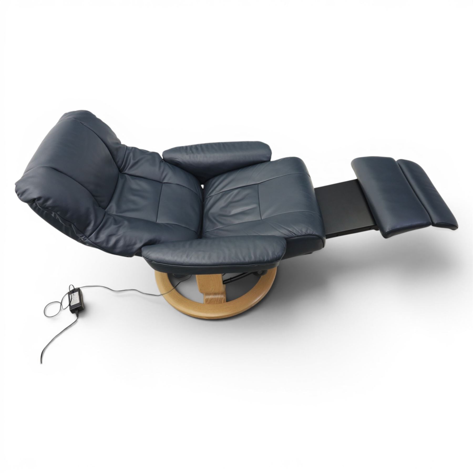 Ekornes - Stressless 'Mayfair, Classic Power' motorised swivel recliner armchair, size medium, upholstered in blue leather, raised on an oak finish frame
