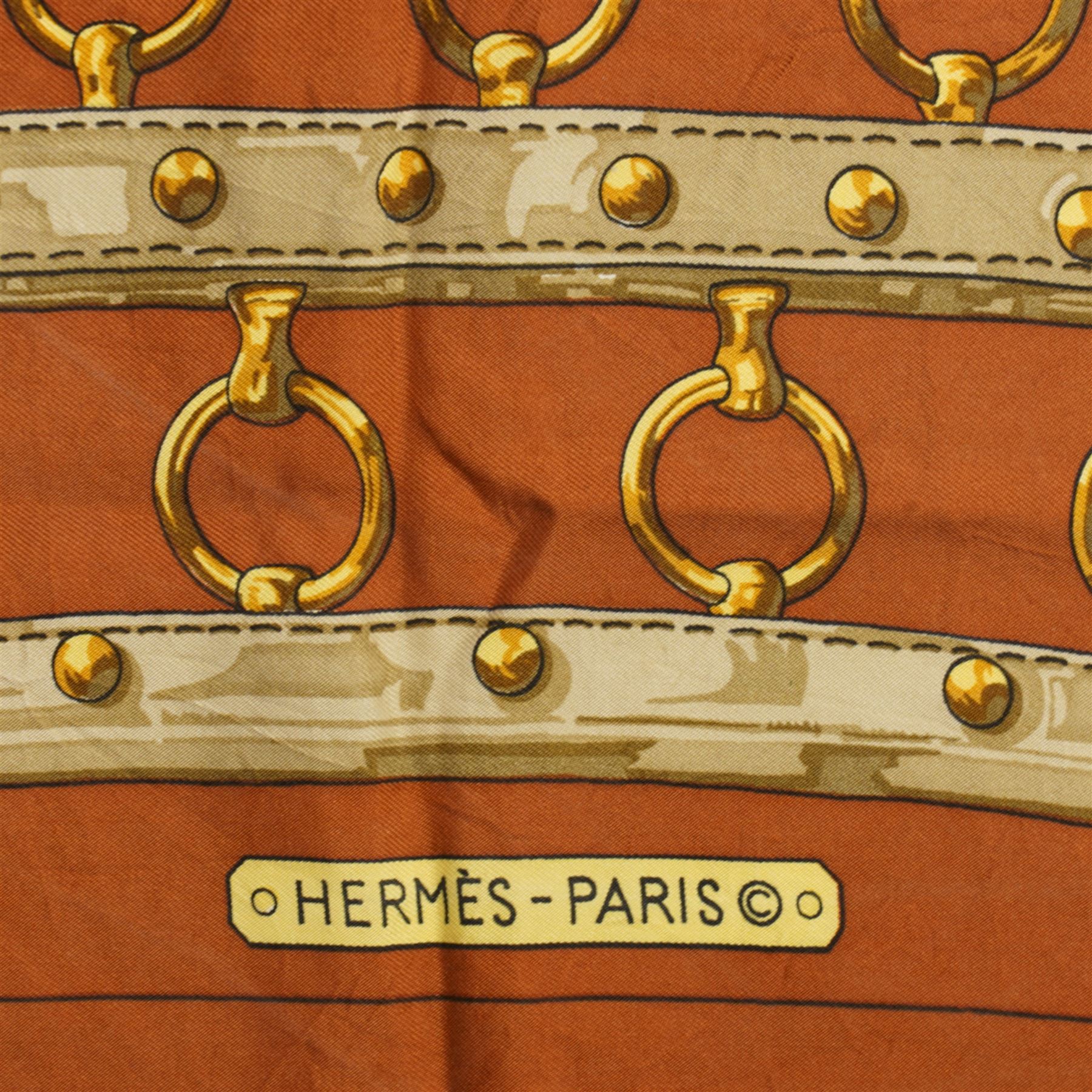 Hermes 'Aux Champs' silk scarf, in ochre and gold colourway, designed by Cathy Latham, 84cm x 86cm 