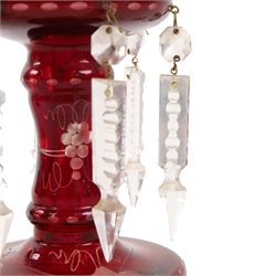 Pair of Victorian ruby glass lustres, with etched grape and vine decoration and clear glass droplets, H22cm 