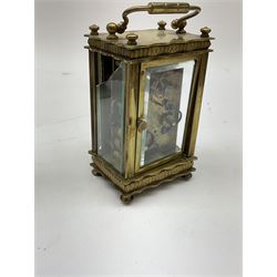 Miniature 'Zenith' travel alarm clock, in engine turned brass case with silvered numerical chapter ring, H5cm, together with other clocks to include Aynsley Portland Ware mantel clock, with moulded peacock design, Europa travelling clock, brass carriage clock, German copper clock of cube form etc