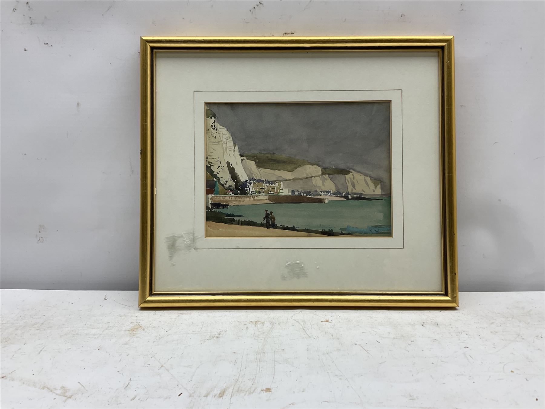 Norman Wilkinson (British 1878-1971): South Coast Harbour, watercolour signed with initials, authenticated by the artist's son Rodney and dated c.1958 verso 13cm x 18cm
