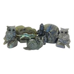 Six labradorite carvings, comprising pair of owls, buddha, snail, mouse and butterfly, tallest H9cm 