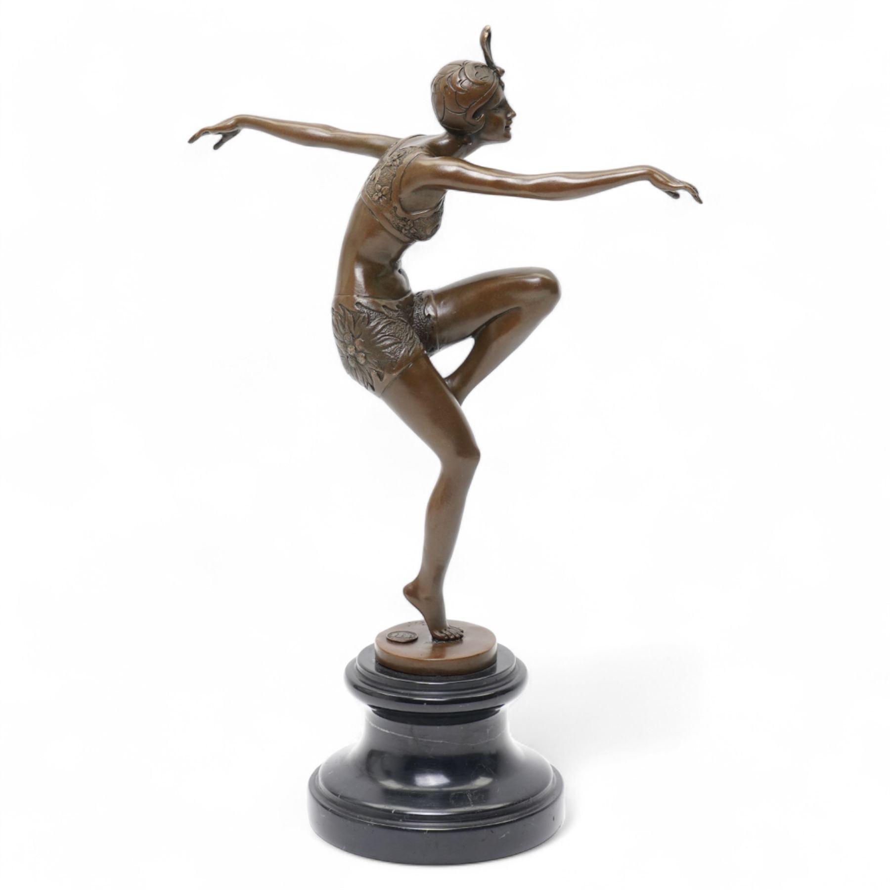 Art deco style bronze figure of a dancer, on socle base, with foundry mark, H39cm