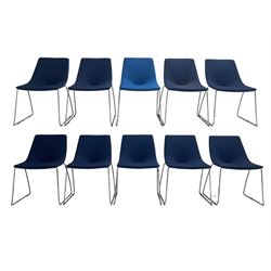 Elite - set ten stacking office or side chairs, back and seat upholstered in navy blue or blue fabric, raised on chrome supports 