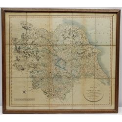 John Cary (British 1754-1835): 'A New Map of Yorkshire Divided into its Ridings and Wapontakes', hand-coloured engraved map formed as 15 sheets mounted onto linen 51cm x 58cm overall