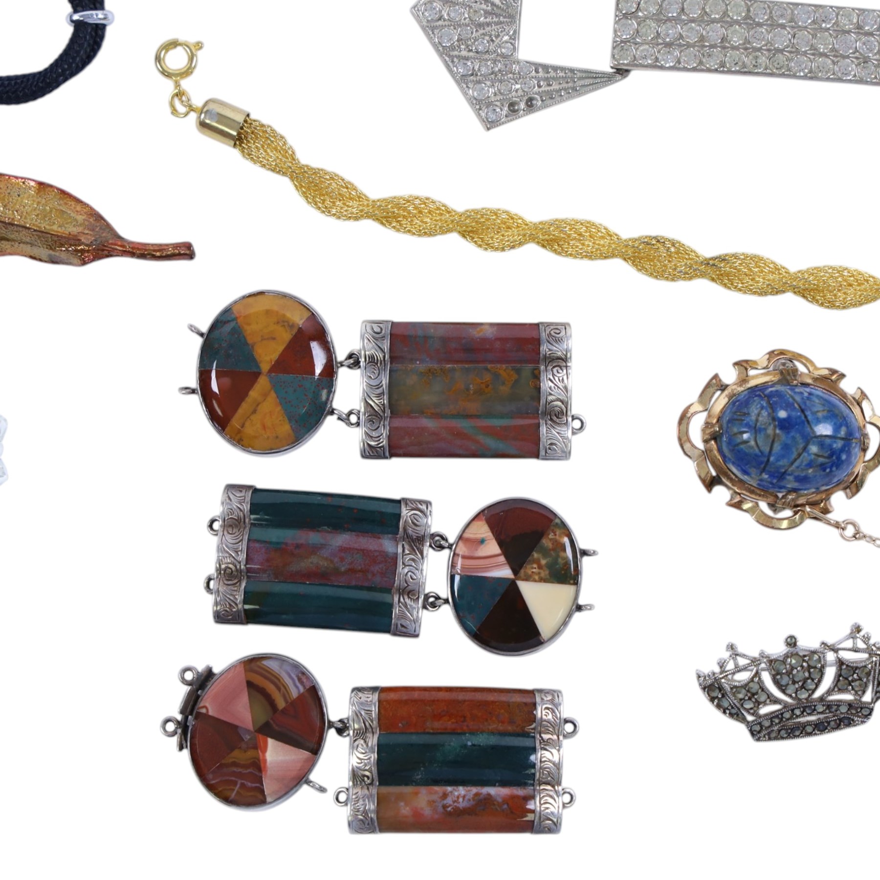 Silver paste cocktail watch, silver mounted Scottish hardstone bracelet links, Rotary wristwatch and other costume jewellery