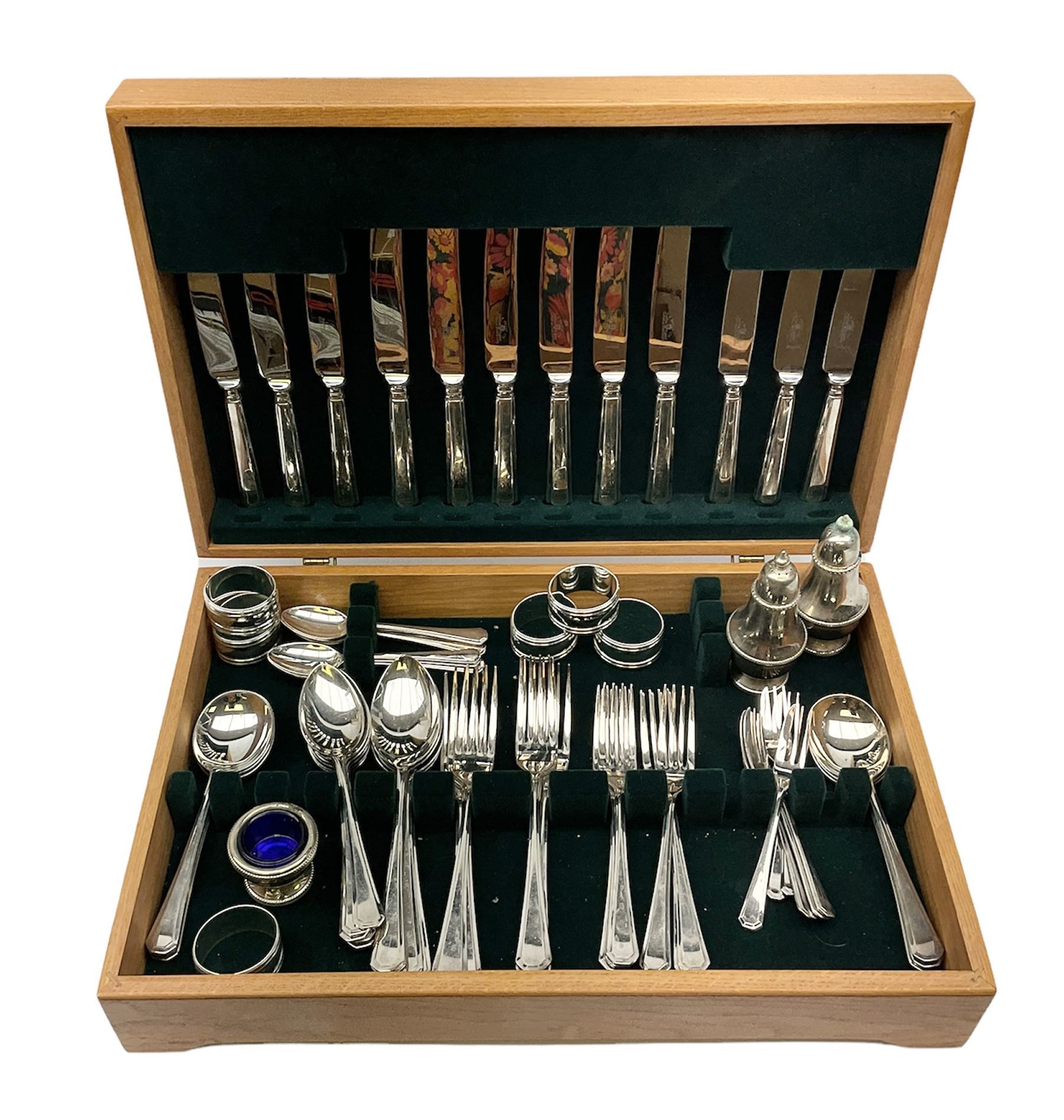 K. Bright Ltd cased canteen of silver plated cutlery, stamped K.B EPNS, in oak case, together with silver plated napkin rings etc