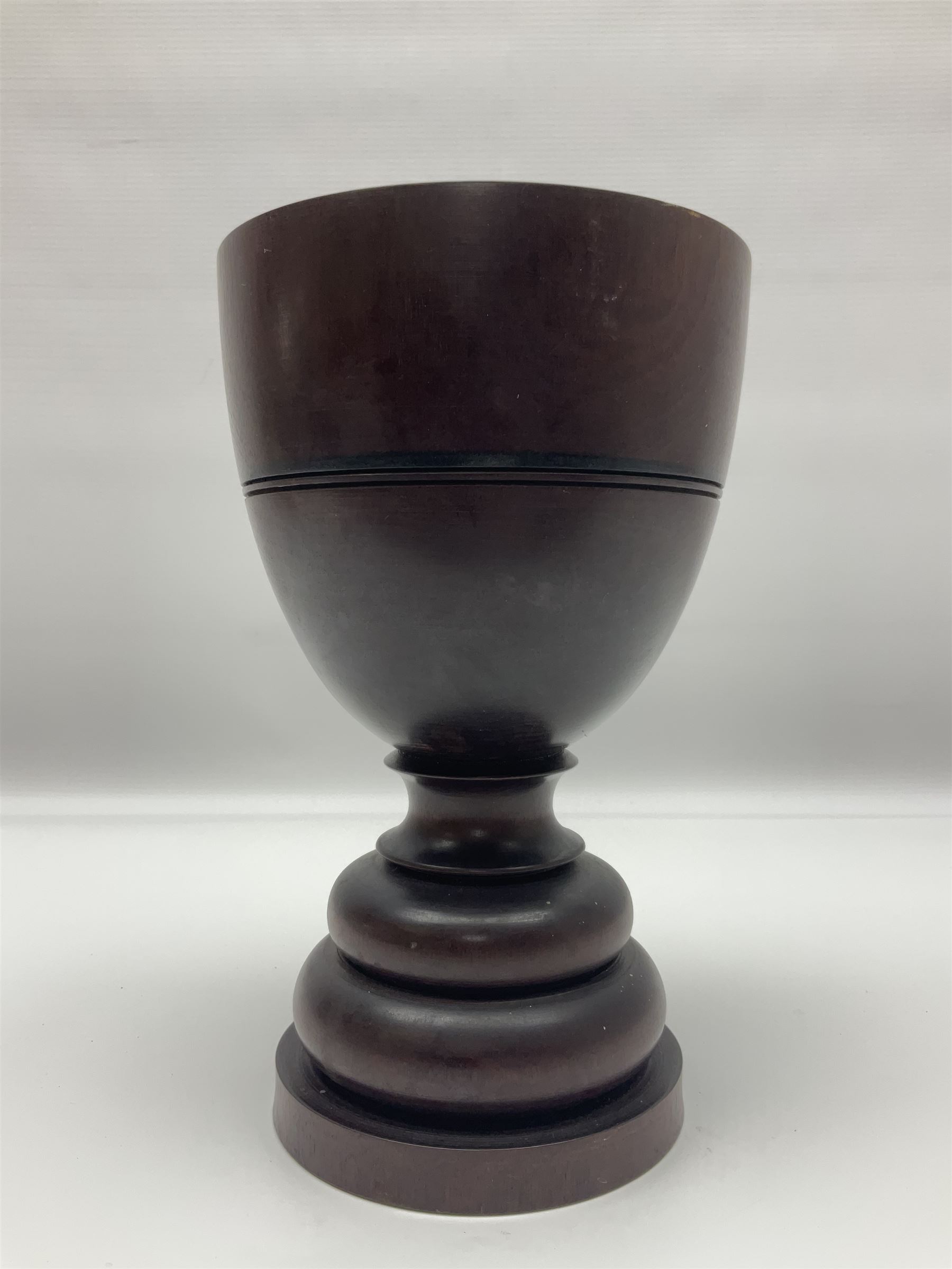 19th century large treen turned hardwood goblet, upon double knopped stem and circular foot, H23.5cm 
