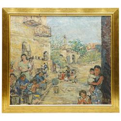 Margaret Kroch Frishman (student of Oskar Kokoshka) (German 1897-1972): 'Jerusalem - Israel - Jordan Border', oil on canvas signed with monogram MKF and dated '55, inscribed on label verso 56cm x 63cm