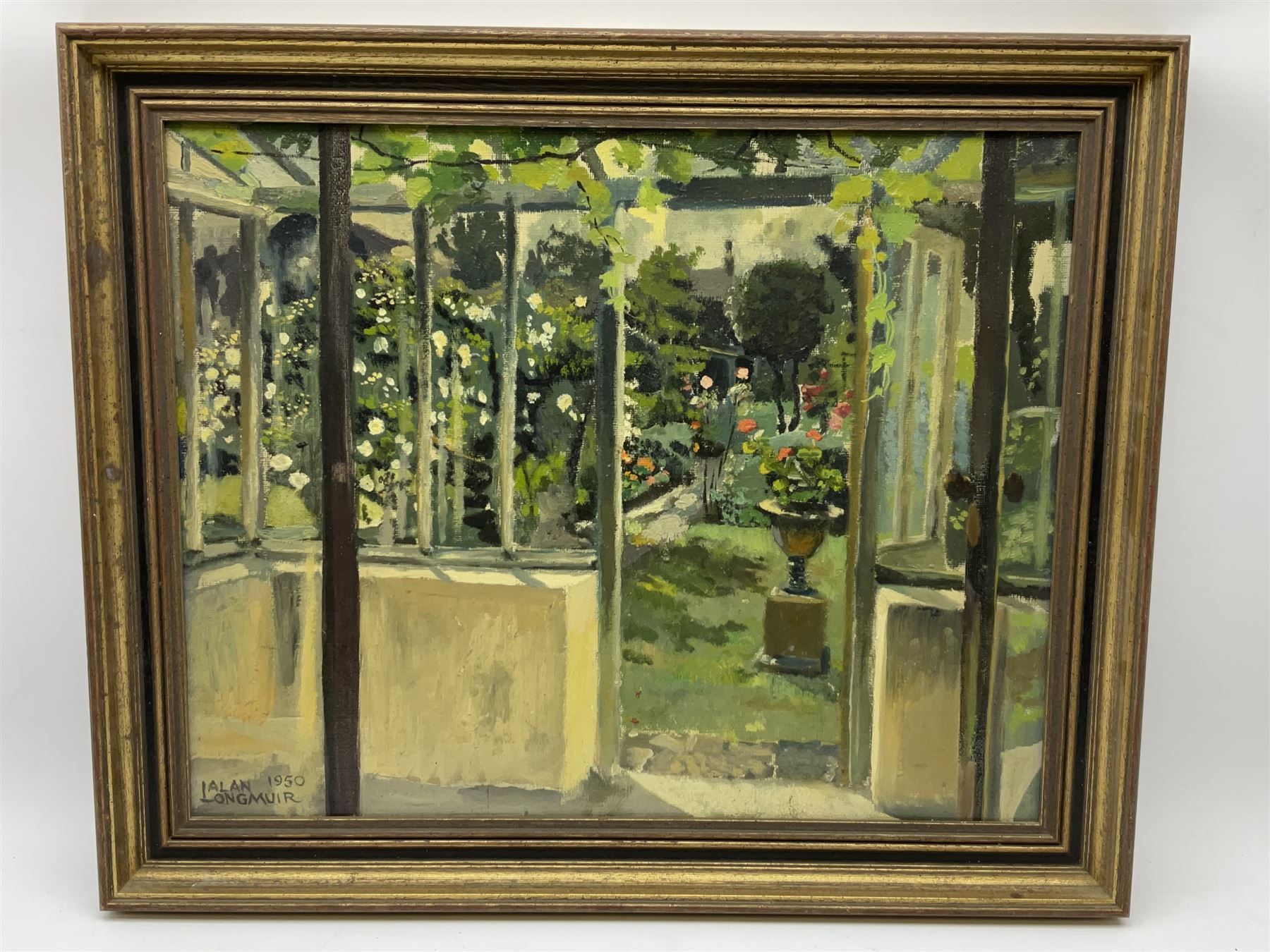Alan Longmuir (British exh.1933-1960): 'Through the Conservatory', oil on canvas signed and dated 1950, titled verso 39cm x 49cm