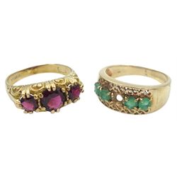 Gold three stone garnet ring and a gold emerald ring, both hallmarked 9ct