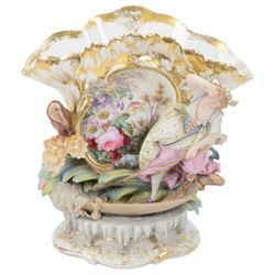 19th century Continental part bisque and glazed porcelain vase, the fan shaped vase hand painted with a floral spray, upon a punt navigated by a female figure, H39.5cm W39cm