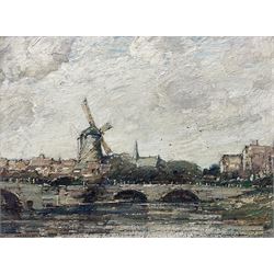 Kershaw Schofield (British 1872-1941): Dutch Bridge and Windmill, oil on panel signed 38cm x 51cm