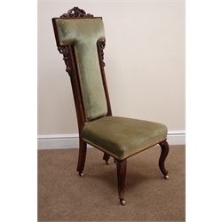  Victorian mahogany framed Prie Dieu chair, carved and pierced cresting rail, upholstered back and seat, cabriole legs, W51cm  