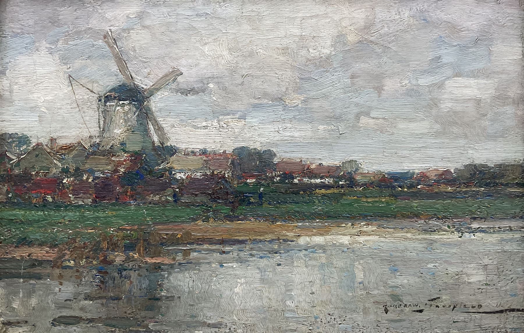 Kershaw Schofield (British 1872-1941): Windmill by the River, oil on canvas signed 29cm x 44cm