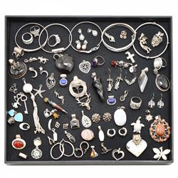 Silver and stone set silver jewellery including pendants, bangles, earrings, charms and rings