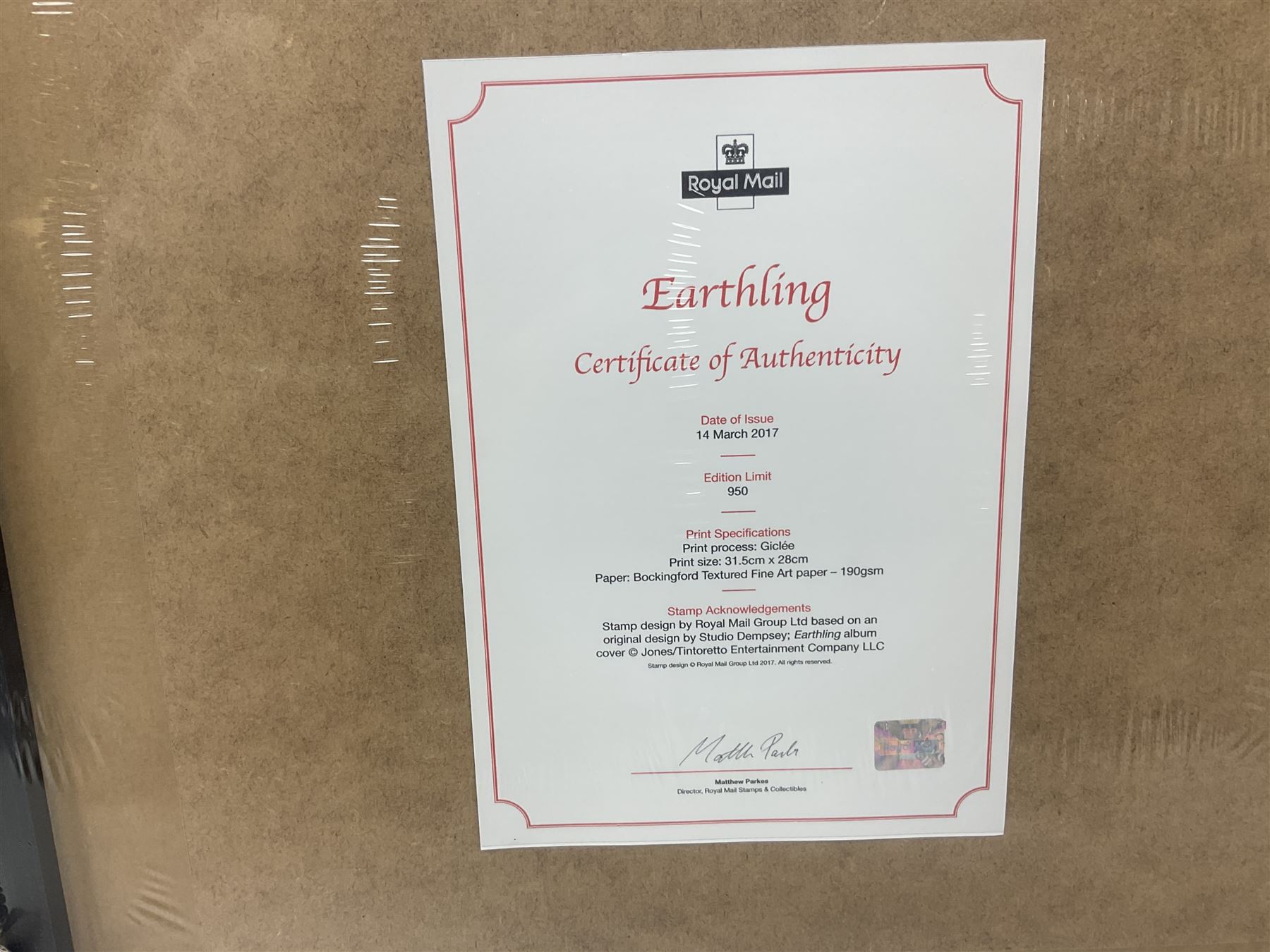 Set of three Royal Mail David Bowie limited edition album stamp prints, comprising  Ziggy Stardust Tour, Hunky Dory and Earthling, all framed and in original packaging, H43cm W43cm