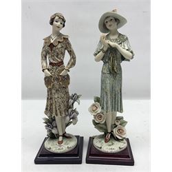 Set of four Giuseppe Armani Florence figures, Iris, Rose, Lily and Daisy, each modelled as ladies in 1920s dress amongst flowers, with names and signature inscribed and upon mahogany base, H23cm