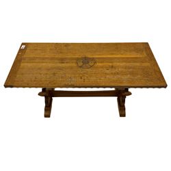 'Woodpeckerman' - Yorkshire oak rectangular coffee table by Stan Dodds, carved central rose, stretcher base, carved Woodpecker motif to the leg 
