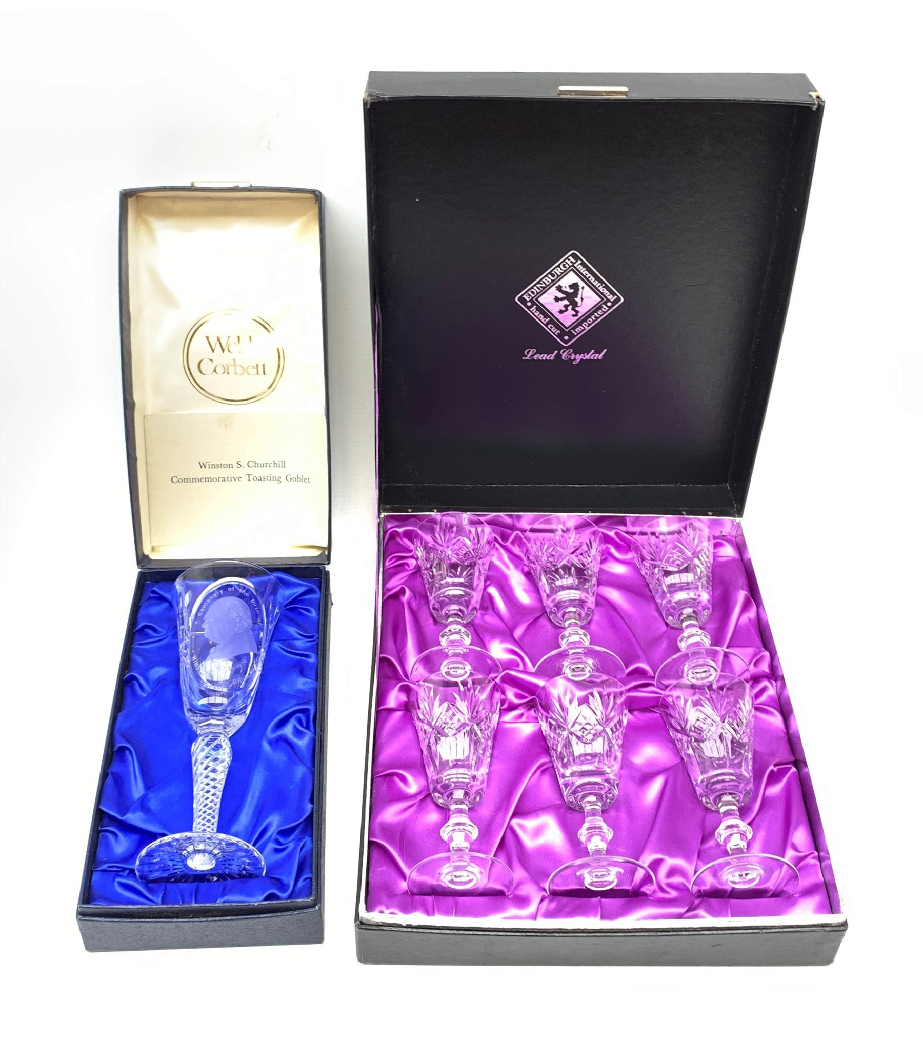 Edinburgh Crystal cased set of six port glasses together with a Webb Corbett Winston S. Churchill Commemorative Toasting Goblet, cased (2)