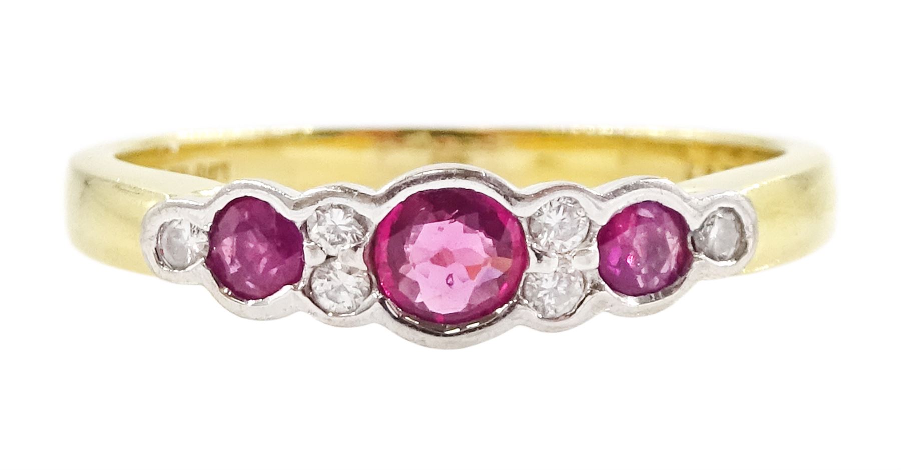 18ct gold ruby and diamond ring, three round cut rubies, with round brilliant cut diamonds set between, London import mark 1995, total diamond weight 0.07 carat, total ruby weight approx 0.70 carat