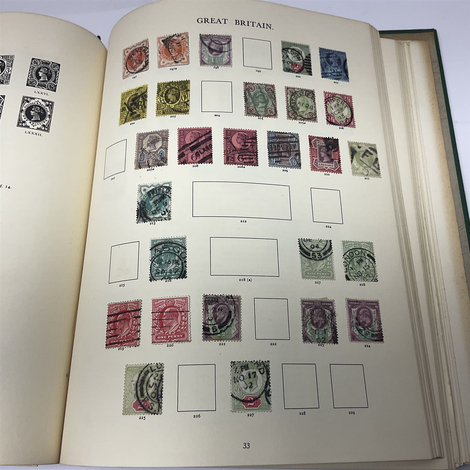 Great British Queen Victoria and later stamps, including perf penny reds, half penny 'bantam', King George V half crown seahorse, Queen Elizabeth II pre-decimal issues etc, housed in a green 'Windsor Album'