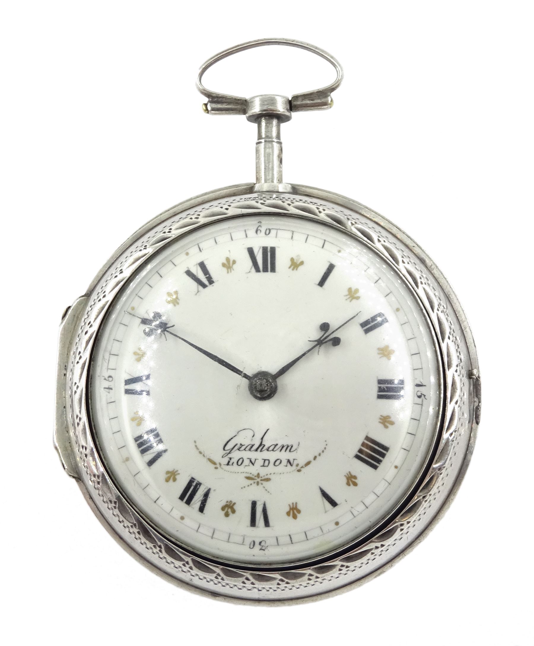 18th century silver and tortoiseshell quadruple cased verge fusee pocket watch by Graham, London, square baluster pillars, pierced and engraved balance cock, signed white enamel dial with Roman numerals and Fleur de Lys decoration, tortoiseshell third outer case with pique work to the borders, in a fitted later white metal fourth case
