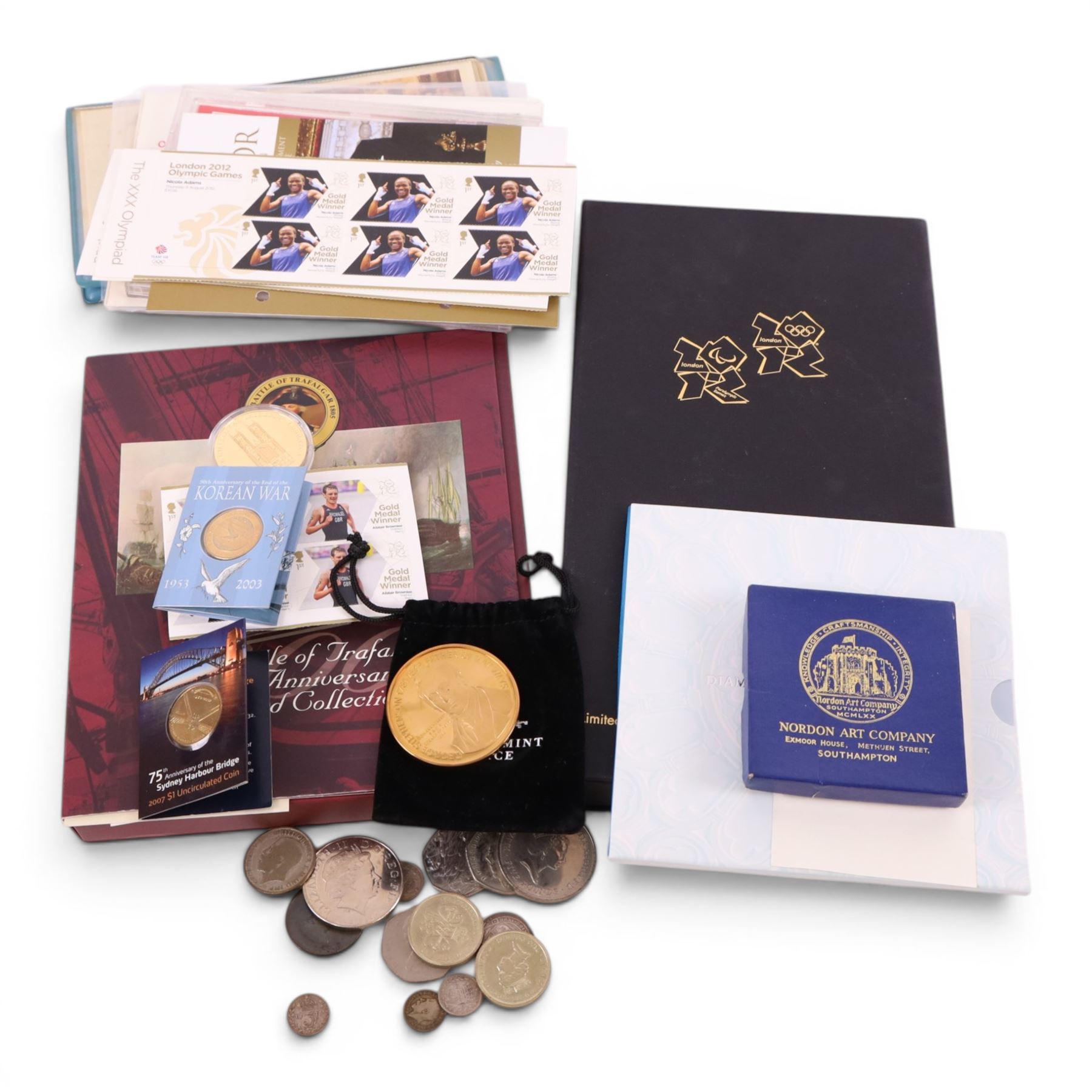 Mainly Great British coins, including 'London 2012 Silver Coin and Ingot Set', two further commemorative silver crowns with certificates, approximately 12 grams of pre-1920 silver coins, commemorative crowns, etc