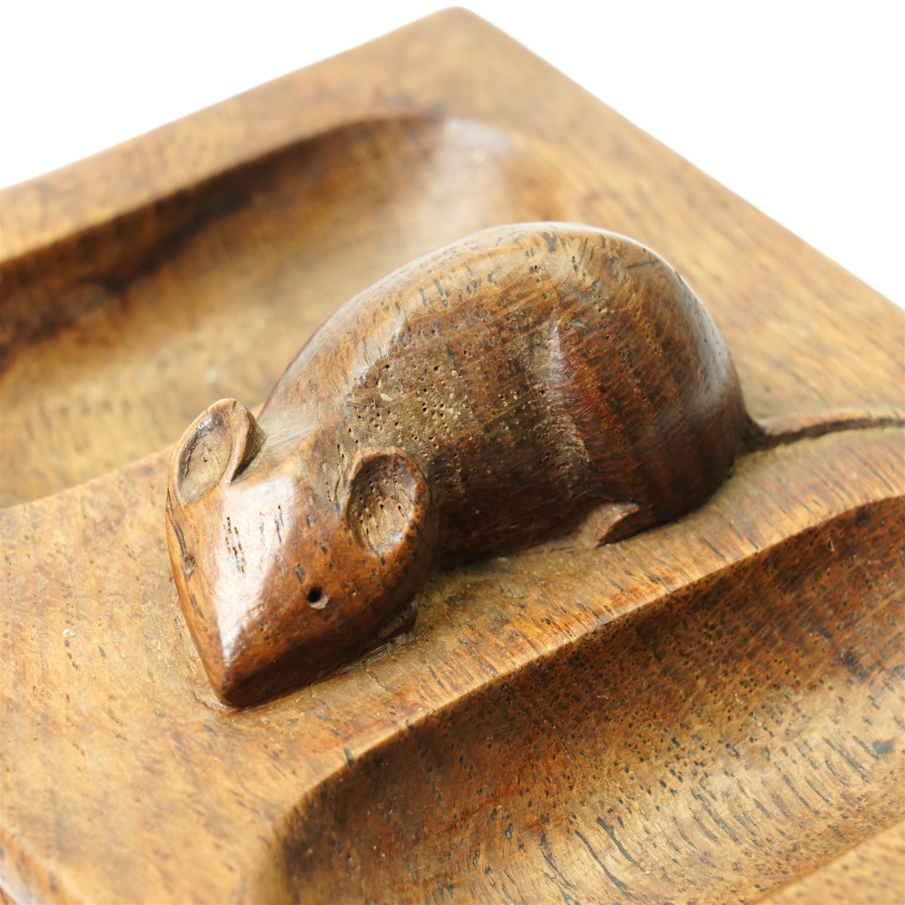 Mouseman - oak rectangular double pin tray, with carved mouse to centre, with carved mouse signature, by the workshop of Robert Thompson of Kilburn