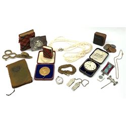 Pocket watch, Masonic jewel, costume jewellery, King Edward VIII coronation medallion in fitted red case, small pewter clock 'A.E.Williams made in UK', four small/miniature books,  brass candle wick trimmers, small number of coins etc