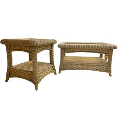 Contemporary rattan conservatory suite - two seat sofa with wicker frame and loose cushions upholstered in textured champagne fabric (W125cm H98cm); pair of matching armchairs (W72cm H98cm); rectangular glass-topped coffee table with rattan frame and undertier (W85cm D60cm H47cm); and matching square side table (W53cm H55cm)