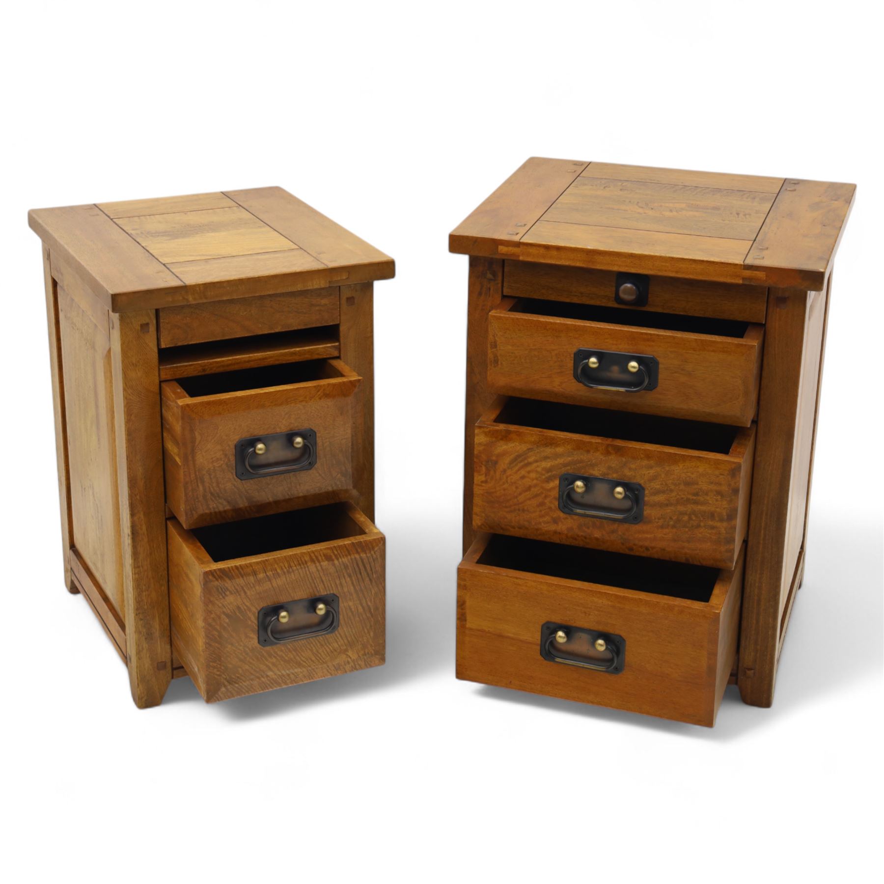 Two hardwood bedside chests,  of rectangular form, fitted with three drawers with recessed brass handles, panelled sides, and flush top, W55xD40xH68cm & W45D45xH68cm 