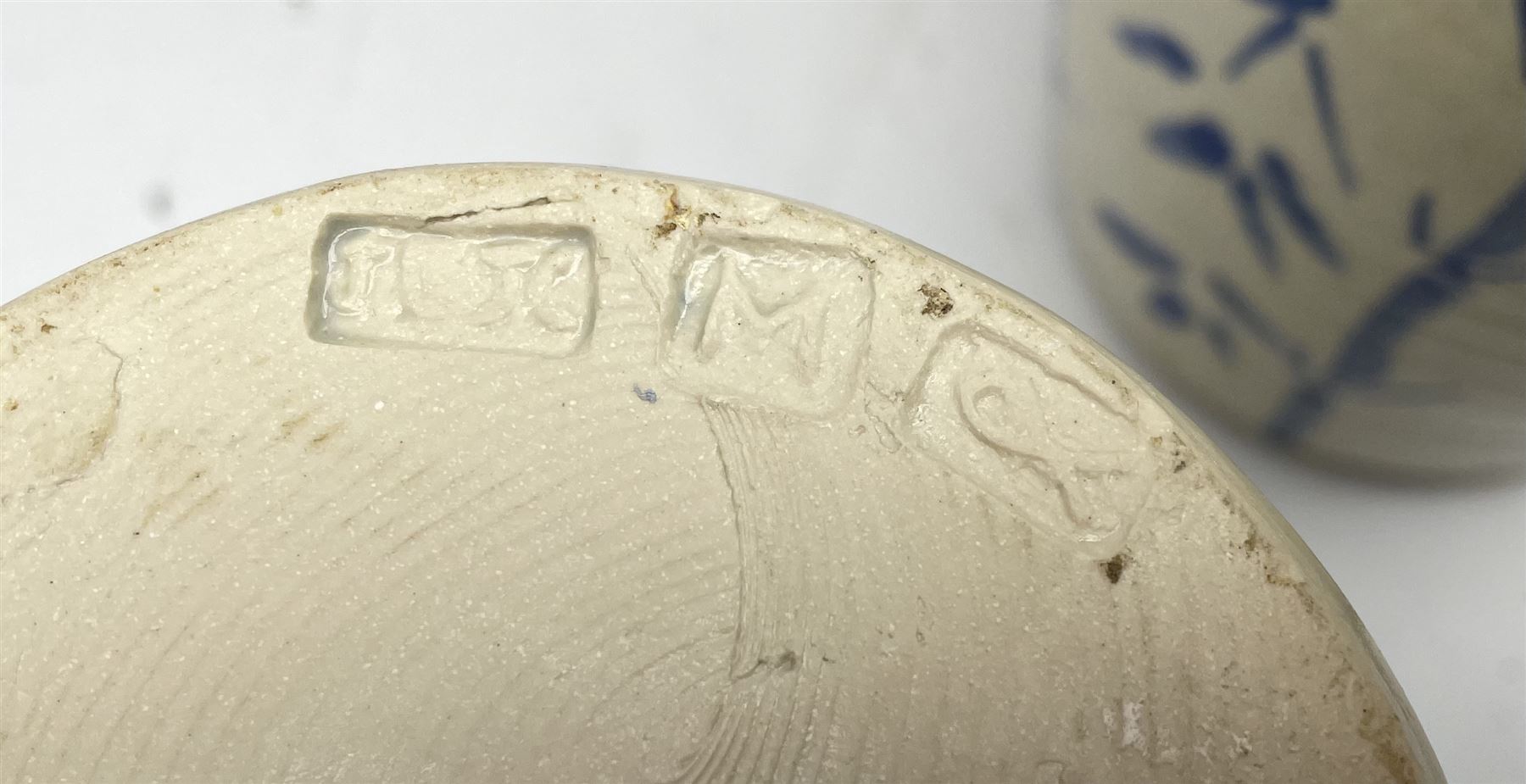 Jeremy Leach (British 1941-): Two Lowerdown Pottery Stoneware vases, one with flared trumpet neck, shouldered baluster body painted in blue with Bamboo and the other having similar decoration, impressed marks to both H32.5cm max (2)