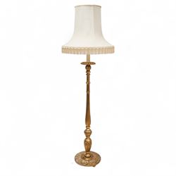Italian design giltwood pricket stick standard lamp with shade, turned and fluted column on circular acanthus leaf carved base