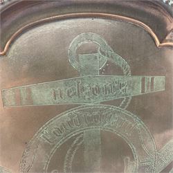 HMS Foudroyant copper tray, with label to reverse, together with a Georgian coin purse, plate D30cm