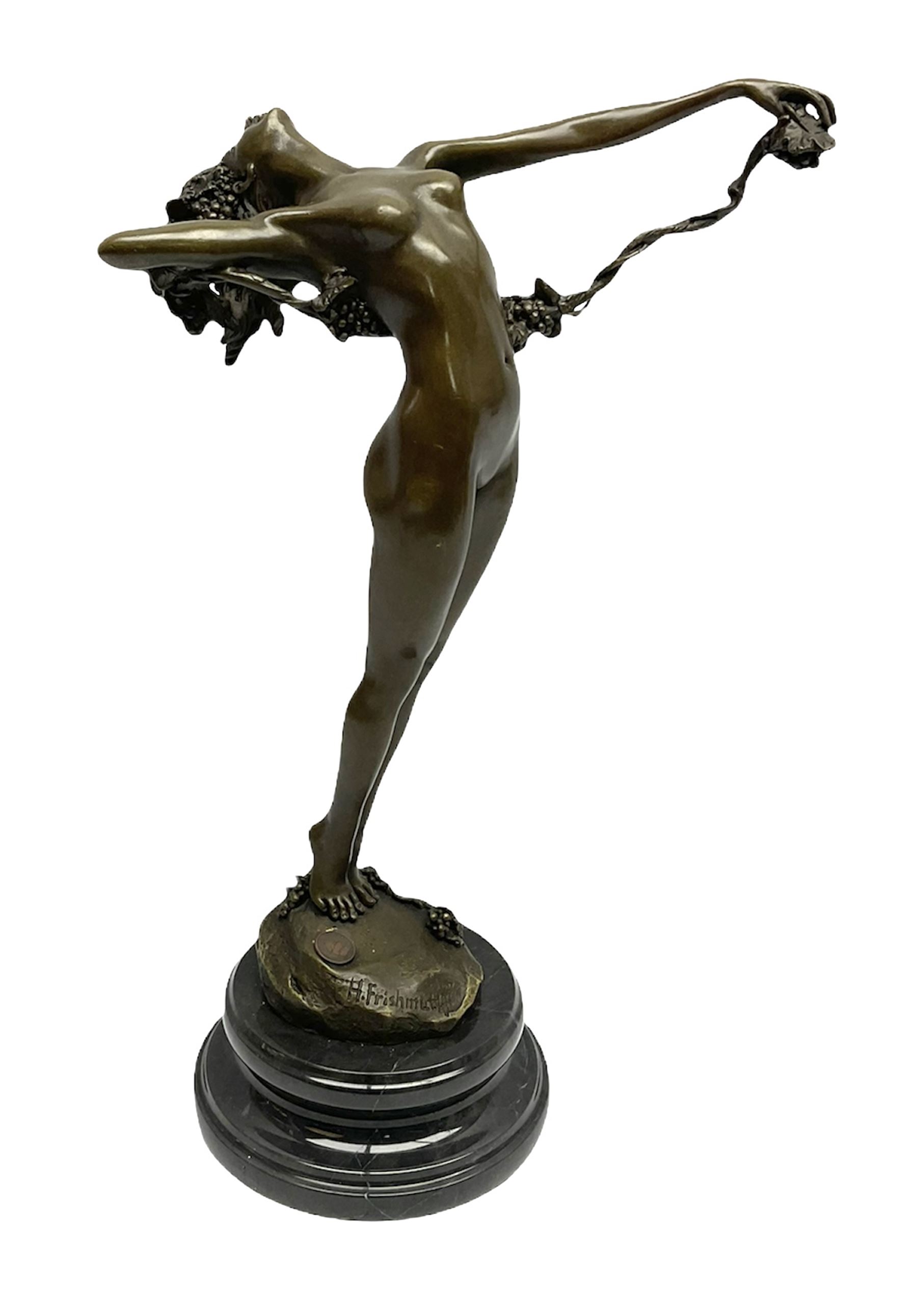 Bronze figure of a nude female holding a vine, after 'H. Frishmuth', with foundry mark on socle base, H38cm
