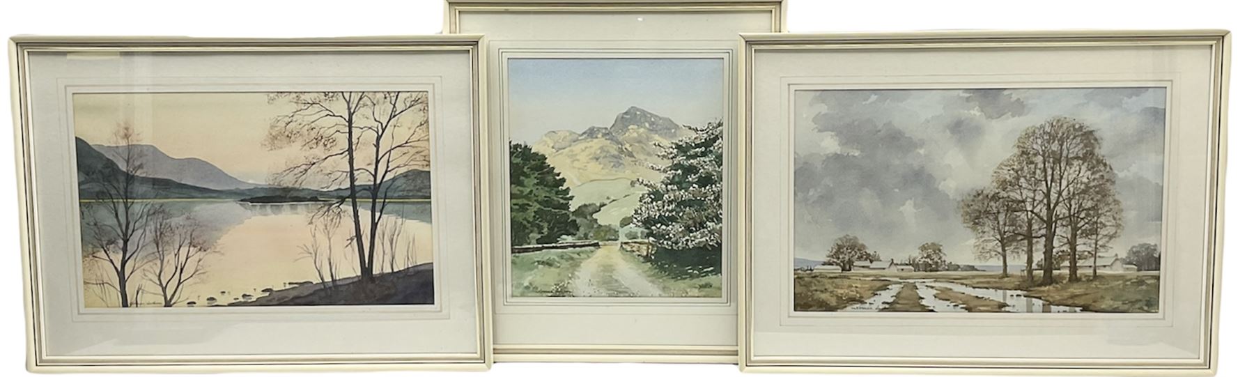 Norman Jackson (British 20th century): Sunset Lake Landscape and Flatland Landscape with Hilly Scene, pair watercolours together with a smaller by the same hand, signed max 31cm x 51cm (3)