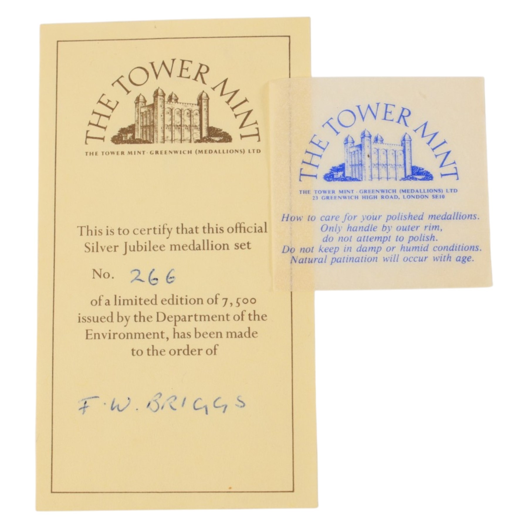 The Department of the Environment 'Silver Jubilee Medallion Set', set of five silver proof medallions, issued by The Tower Mint, cased with certificate