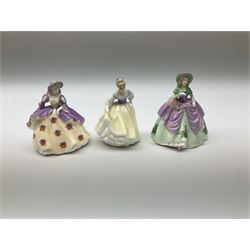 A group of figures, comprising four Royal Worcester examples, The Milkmaid, Lady Emma, Lady Cicely, Lady Hannah, three Royal Doulton examples, Top o' the Hill HN1849, Margaret HN2397, Fair Lady HN3216, two Coalport examples Fairest Flowers Heather, and Pansy, and a Wedgwood figure commissioned by Spink, The Imperial Banquet. 