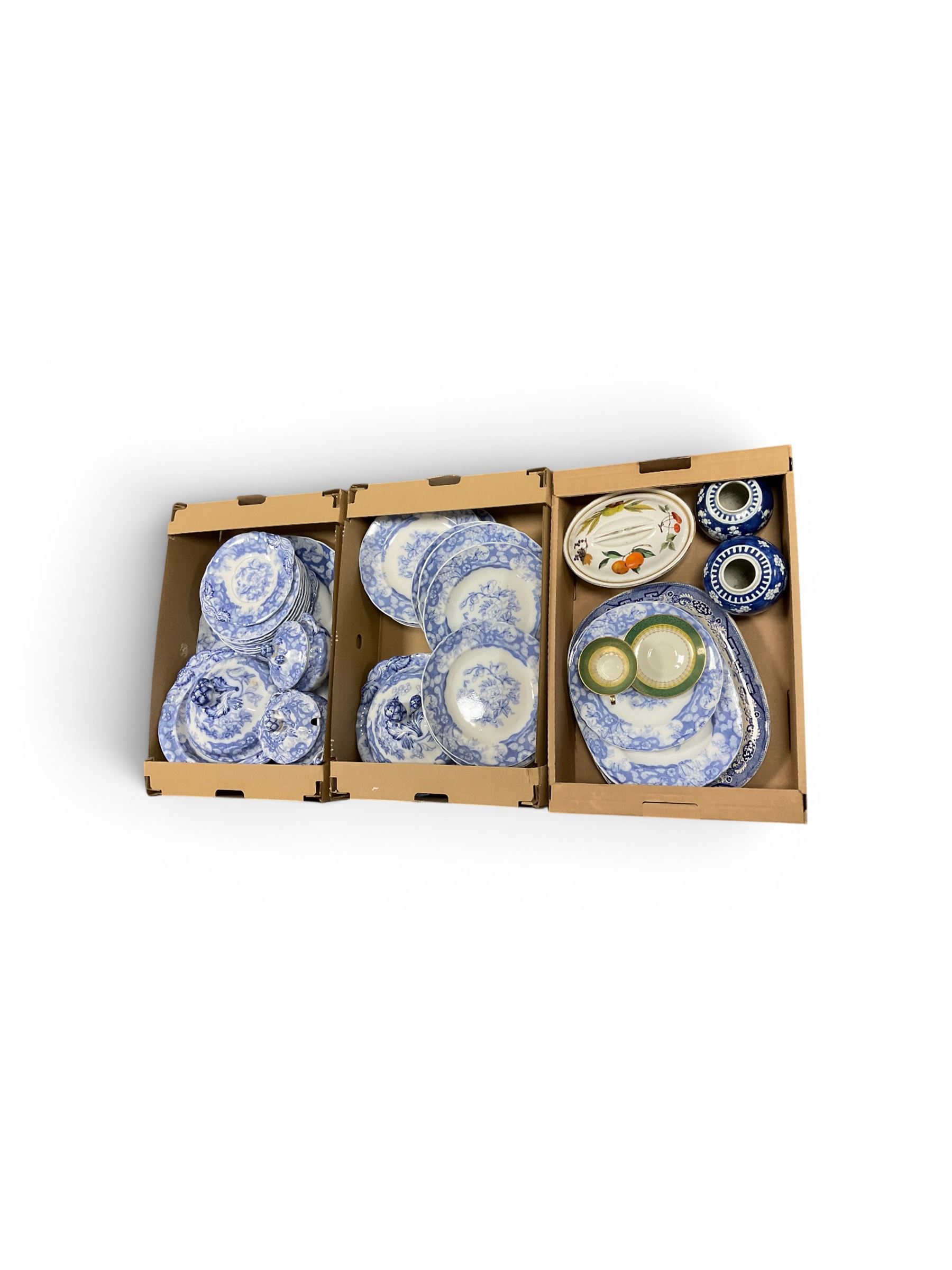 Blue and white dinner service, including dinner plates, covered dishes etc, with impressed mark beneath BB New Stone, together with other ceramics 