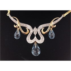 Briolette cut topaz and diamond gold necklace stamped 375