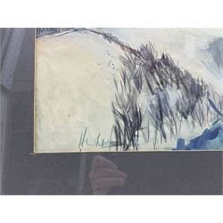 Harold Wharfe (British 20th Century): Jodrell Bank Observatory, cubist style watercolour and gouache signed 60cm x 90cm 