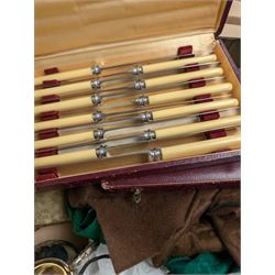 Collection of silver plated items and glassware, including cased cutlery, carnival glass, decanters, teapot, trays, etc