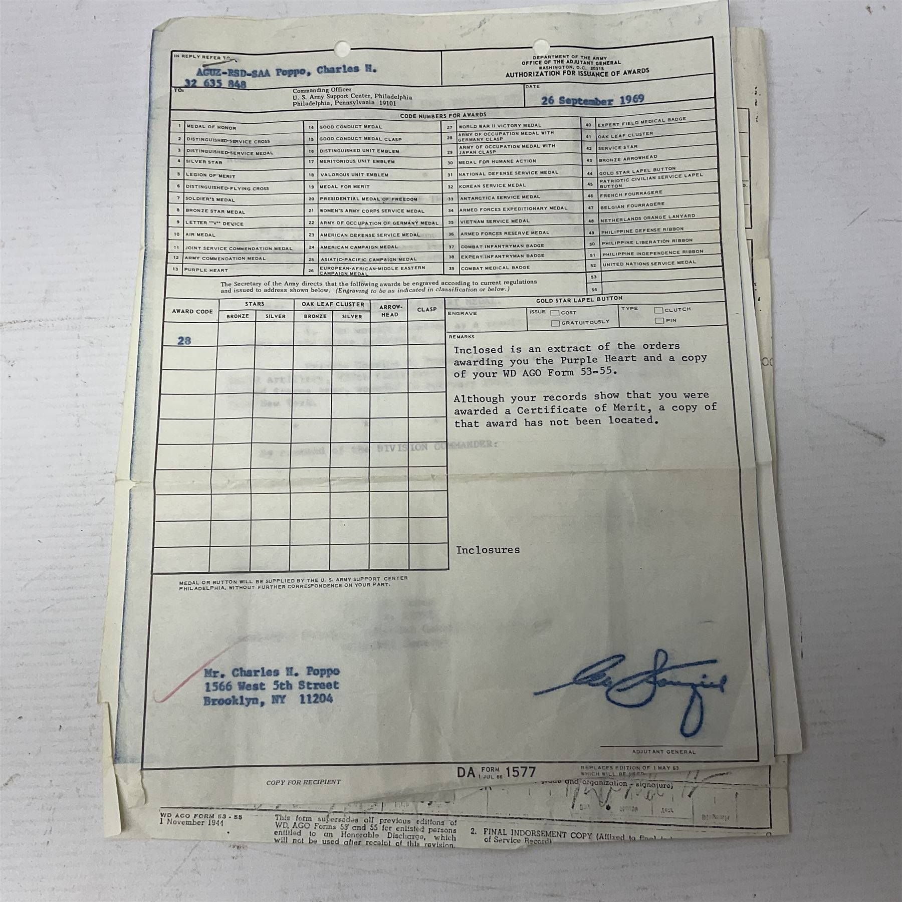 American Purple Heart Medal awarded to 32634848 Charles H. Poppo; cased with identity tags and paperwork; and Bronze Star Medal awarded to U.S. Marine Esteban T. Maranao; cased; American WWII Victory Medal and Asiatic Pacific Campaign Medal