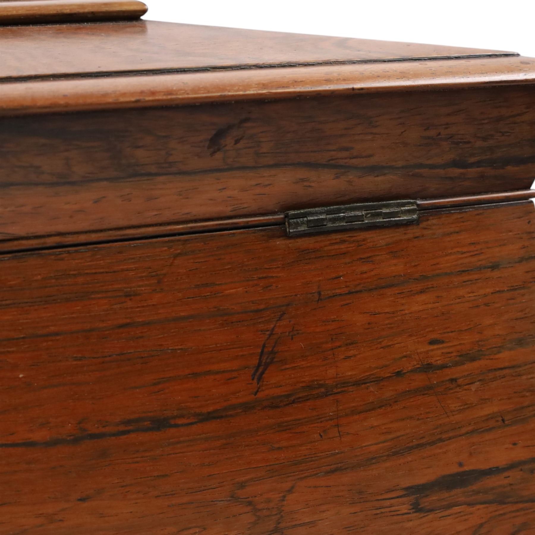 19th century tea caddy, of sarcophagus form, the lid opening to reveal fitted interior, together with red lacquered tea caddy, largest H22cm  
