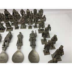 Set of forty three miniature Franklin Mint pewter figures of the Kings and Queens of England, with certificate of authenticity and information cards, together with a collection of twenty four Franklin Mint pewter Charles Dickens character spoons