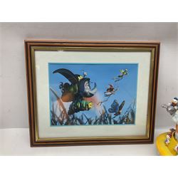 Collection of Disney figures, to include Ardleigh Elliott music box Hunny of the Day, Disney musical snow globe, Micky mouse lazy butler, Framed Bug's Life lithograph etc 