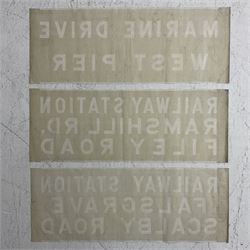 Three mid 20th century Scarborough bus destination blind sections, 'Railway Station, Falsgrave, Scalby Road', 'Marine Drive, West Pier' and 'Railway Station, Ramshill RD, Filey Road', each L78cm H30cm